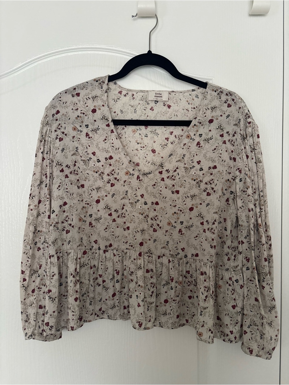 Little Moon Cream Floral Peplum Long Sleeve Top